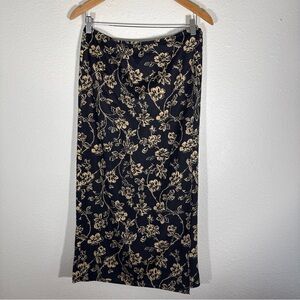 Ralph Lauren Black Maxi Skirt with Cream Floral Print silk linen blend size 10 p